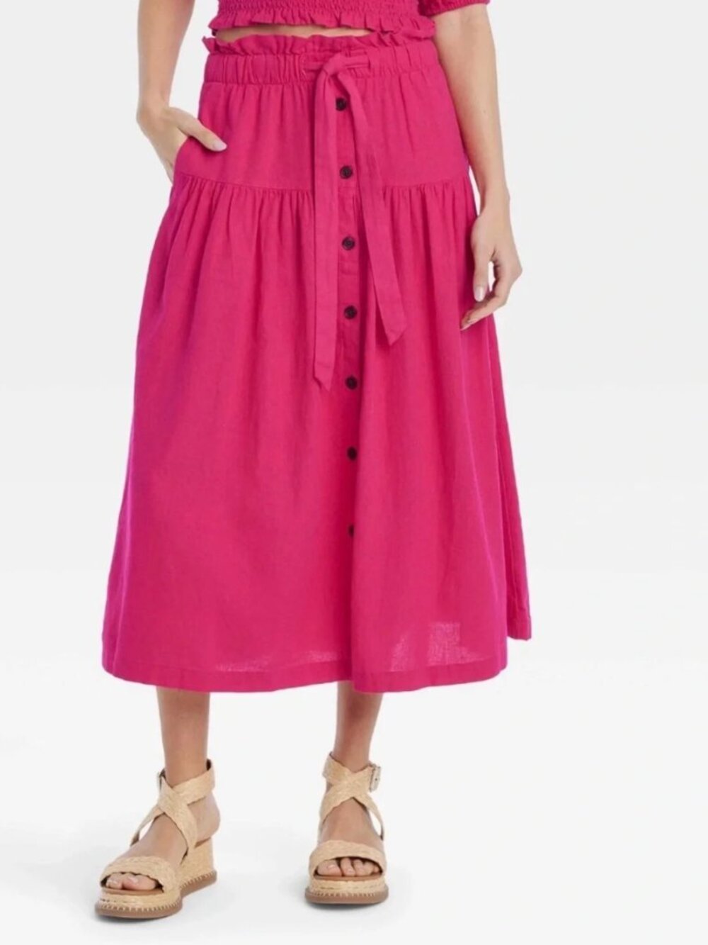 Universal Thread Hot Pink Button-Front Tie-Waist Midi Skirt